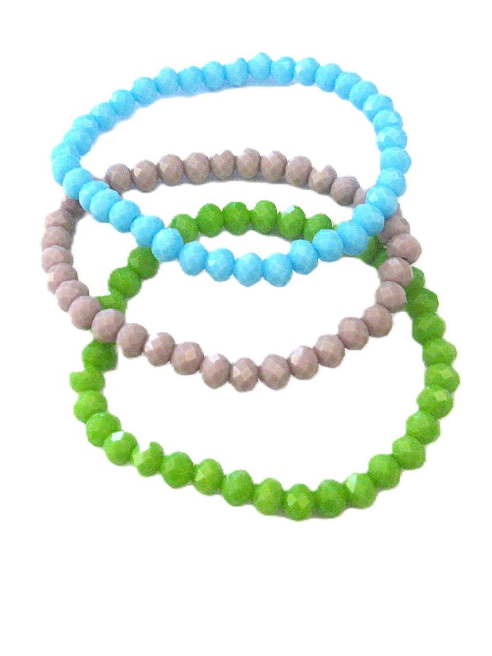 3  Stretch Band Bracelets  Glass Beads   Green, Aqua, Taupe